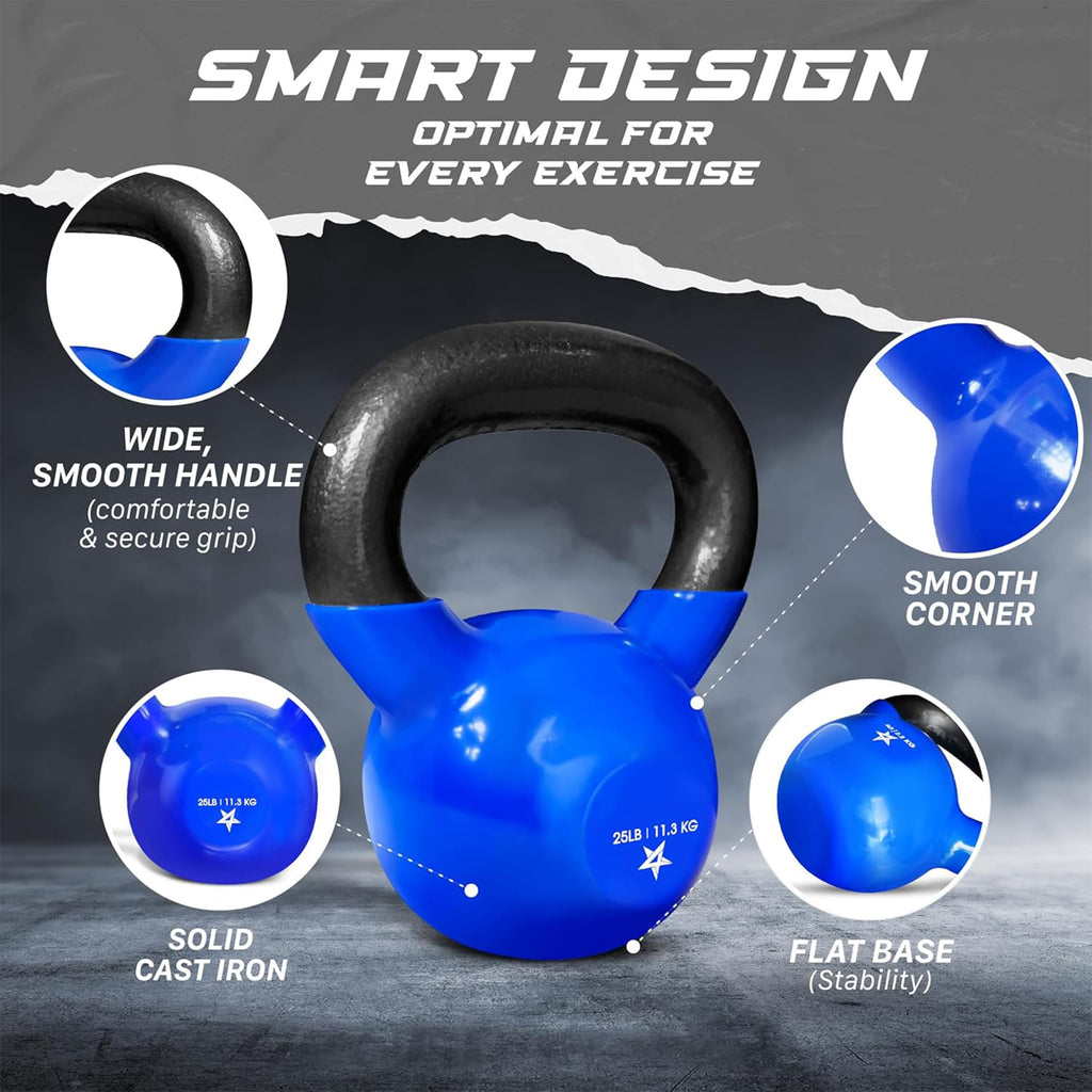 Yes4All Kettlebell, 25 lb Vinyl Coated Cast Iron Kettlebell Set of 2 for Home Gym Exercises, Heavy Weights Gym, Fitness, Full Body Workout Equipment, Push up, Grip, Strength Training - Blue