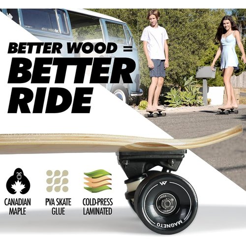Magneto Mini Cruiser Skateboard - Portable Bamboo Mini Longboard - Double-Kick Concave Carving Skateboard - 27.5 in x 7.5 in Deck, Bamboo