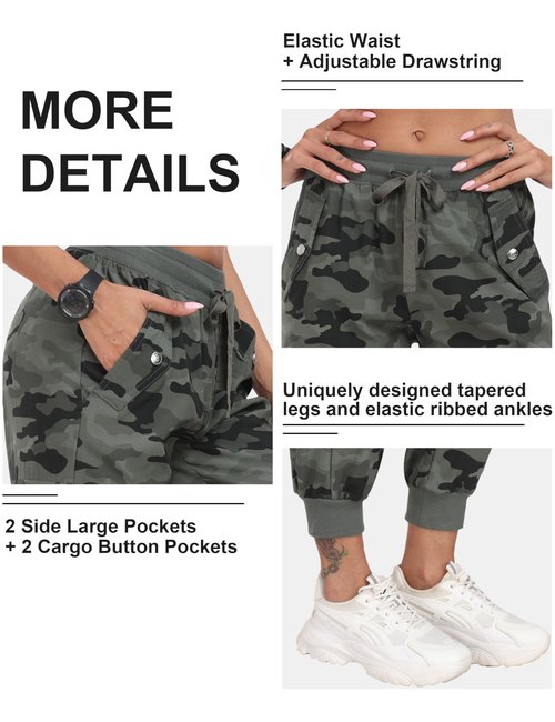 MoFiz Women Cargo Hiking Pants with Pocket Joggers Lightweight Quick Dry Elastic Waist Outdoor Athletic Running Sweatpants Casual Travel Pant Camouflage Green M