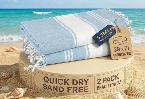 LANE LINEN Oversized Beach Towels for Women - Quick Dry, Sand Free, Lightweight, 39"x71", Sky Blue | 2 Pack