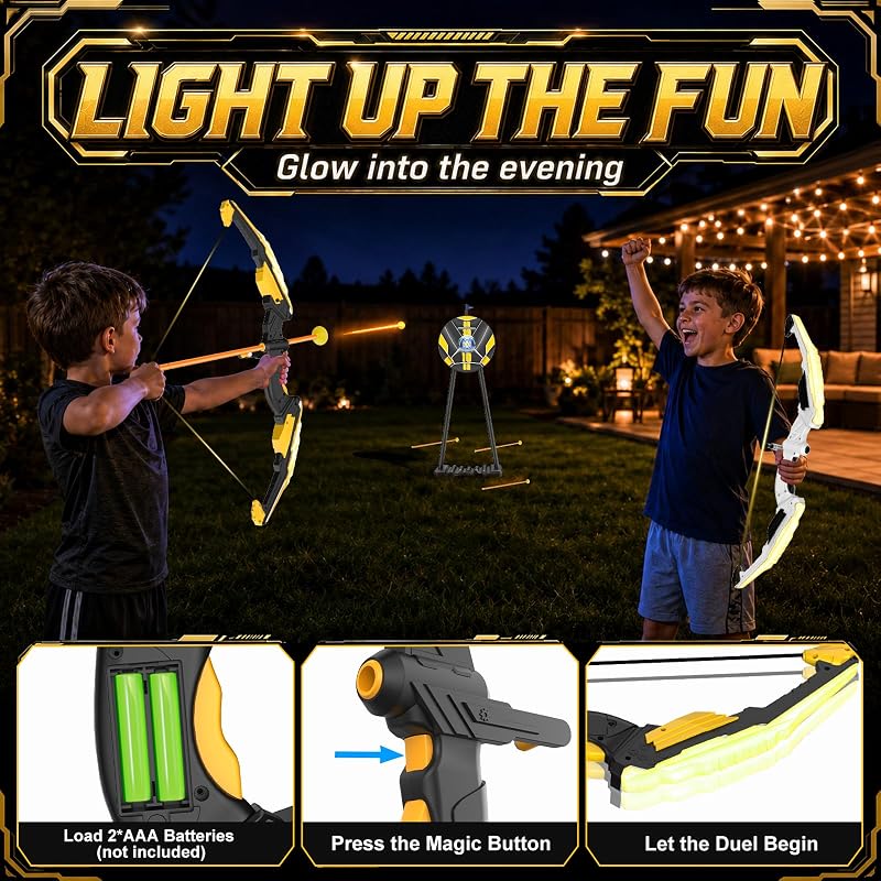 Black 2-Pack Kid Archery Set with Standing Pop-Up Target, LED Light Bows, 20 Suction Arrows & 2 Quivers