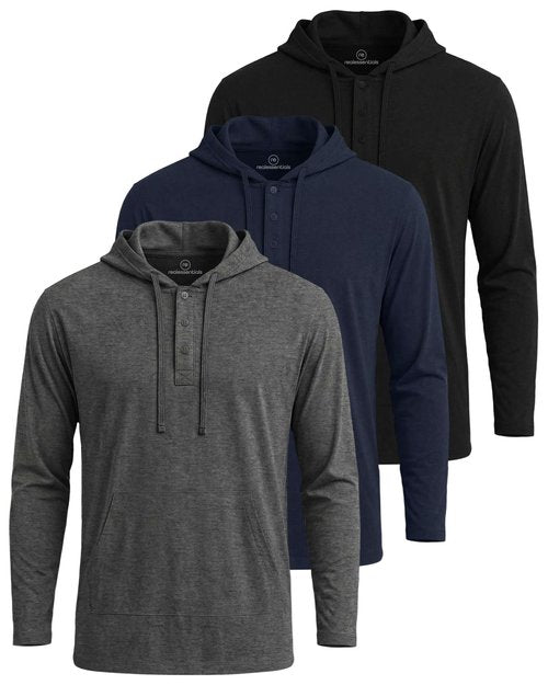 Real Essentials 3 Pack: Men's Cotton Henley Pullover Hoodie Lightweight Casual Long Sleeve Hooded Sweatshirt- Set 2, L