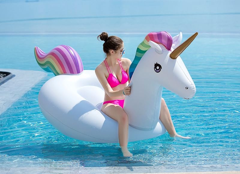 Large Inflatable Unicorn Pool Float with Fast Valves – 114°in x 55°in x 47°in, 2-Person Ride-On