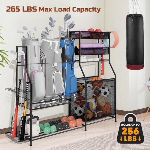 Garage Sports Equipment Organizer - Heavy-Duty Golf Bag Storage Stand with Basket & Hooks | Space-Saving Design