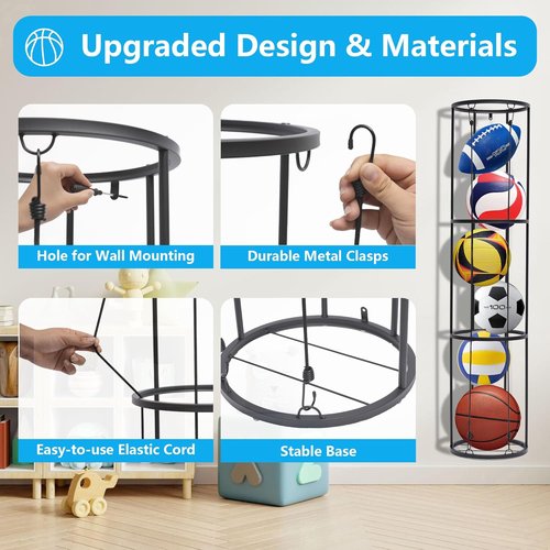 Garage Ball Storage Rack - 3 Layer Wall-Mounted Basketball Holder | Space-Saving Vertical Organizer for Soccer, Volleyball, Football