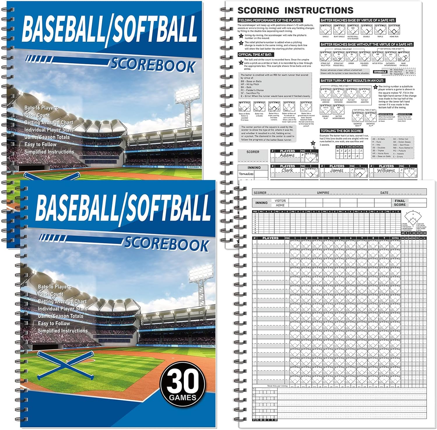Skiennix Baseball Scorebook - 2 Pcs Softball Score Keeping Book for 30 Games | 11 x 14 Inches
