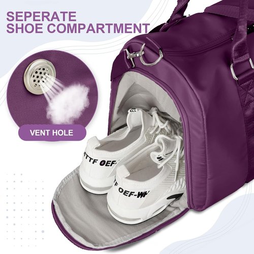 FIORETTO Women's Gym Tote Duffle Bag - Wet Pocket & Shoe Compartment | Dark Purple Sports Weekender