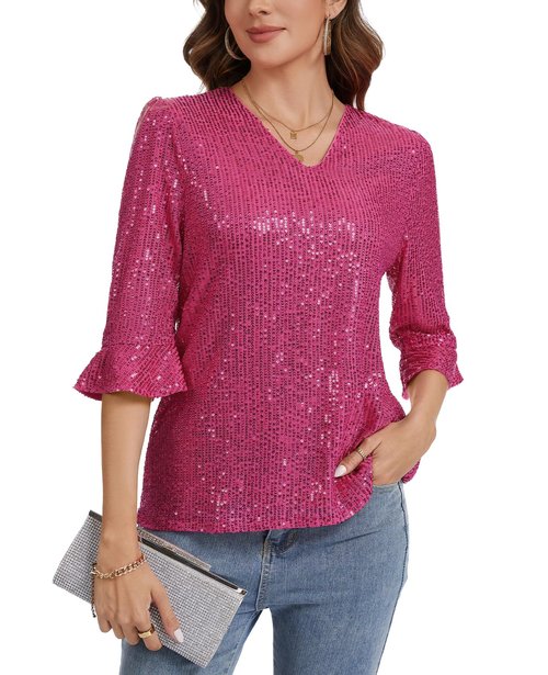 LADI TREND Sequined Tops for Women Ruffle 3/4 Sleeve Sparkly Shirts Evening Party Glitter Top Disco Cocktail Shimmer Shirts #Hot Pink,Size S#