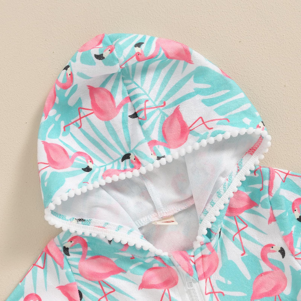 Licupiee Girls Hooded Zip Terry Coverups Swimsuit Kids Baby Girl Floral Print Short Sleeve Swim Cover-Up Swimwear (US, Age, 5 Years, 6 Years, Green Flamingo)