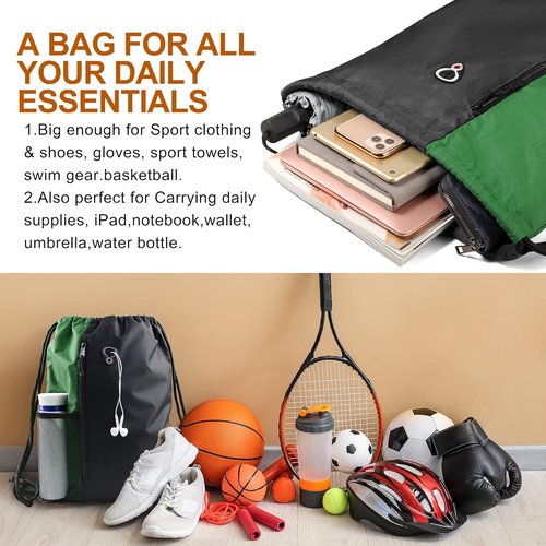 BeeGreen Drawstring Gym Backpack - Large Cinch Sackpack with Zipper & Water Bottle Pockets | Black/Green