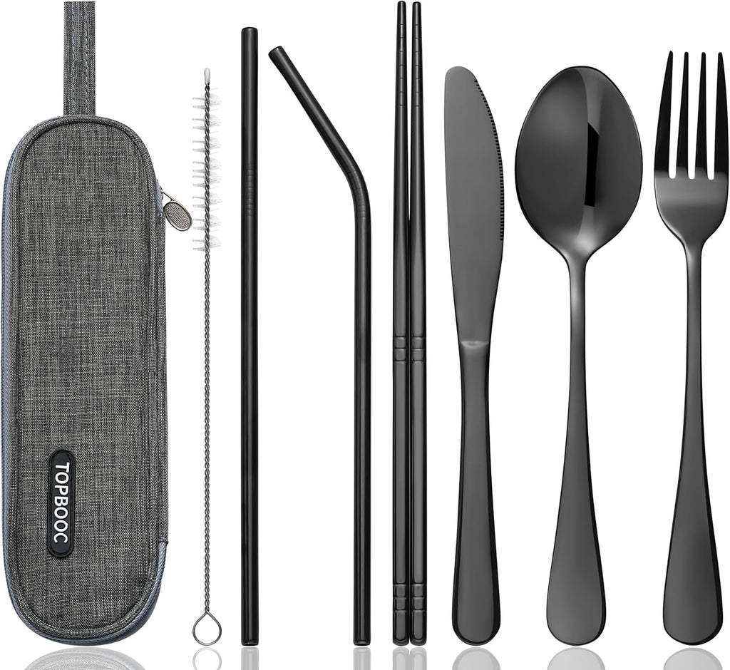 Skiennix Travel Utensils Set - 8-Piece Reusable Stainless Steel Cutlery for Lunchbox & Camping - Portable & Dishwasher Safe - Black