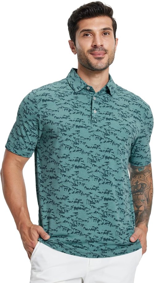 M MAELREG Golf Shirts for Men - Performance Moisture-Wicking Dry Fit Polo | Short Sleeve Heather Stripe