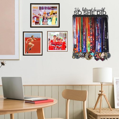 Goutoports Medal Holder Display Hanger - "She Believed She Could" Personalized Wall Hanger | Sturdy Black Steel for Over 60 Medals