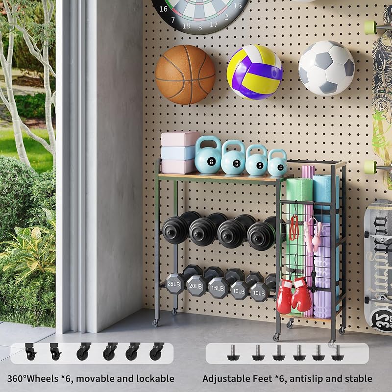 35" Adjustable Dumbbell Rack with Wheels – 4-Tier Home Gym Stand for Dumbbells, Kettlebells & Yoga Mats