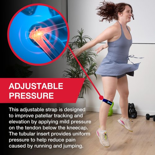 MUELLER Sports Medicine Jumper's Knee Single Strap for Men and Women, Knee Compression and Pain Relief Support, Ideal for Osgood-Schlatter's, Patellar Tendinitis, Blue, One Size