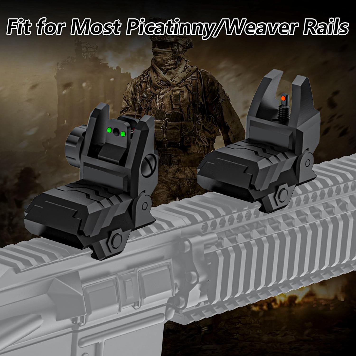Skiennix Folding Fiber Optic Sights - Flip-Up Front & Rear Backup Sights for Picatinny Rails | Red & Green Dots