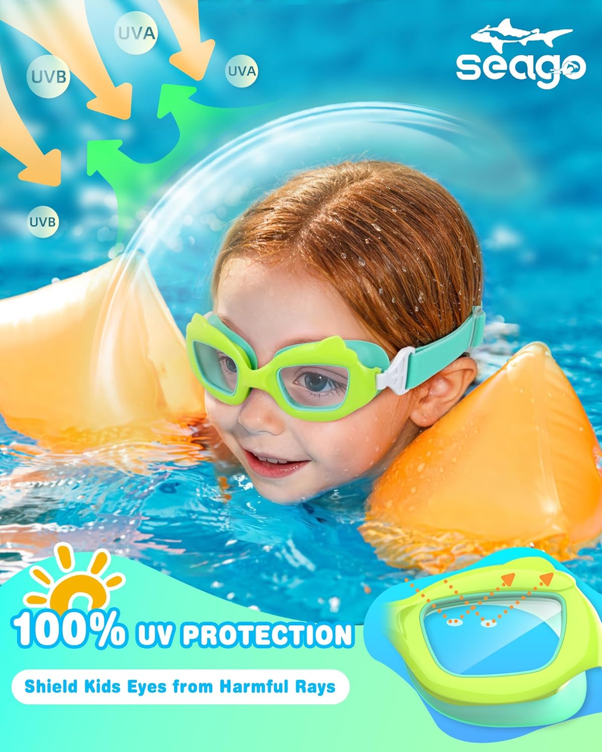 Seago Kids Swim Goggles - Cat-Shaped, Anti-Fog, UV Protection | 2 Pack with Fabric Strap for Ages 3-15