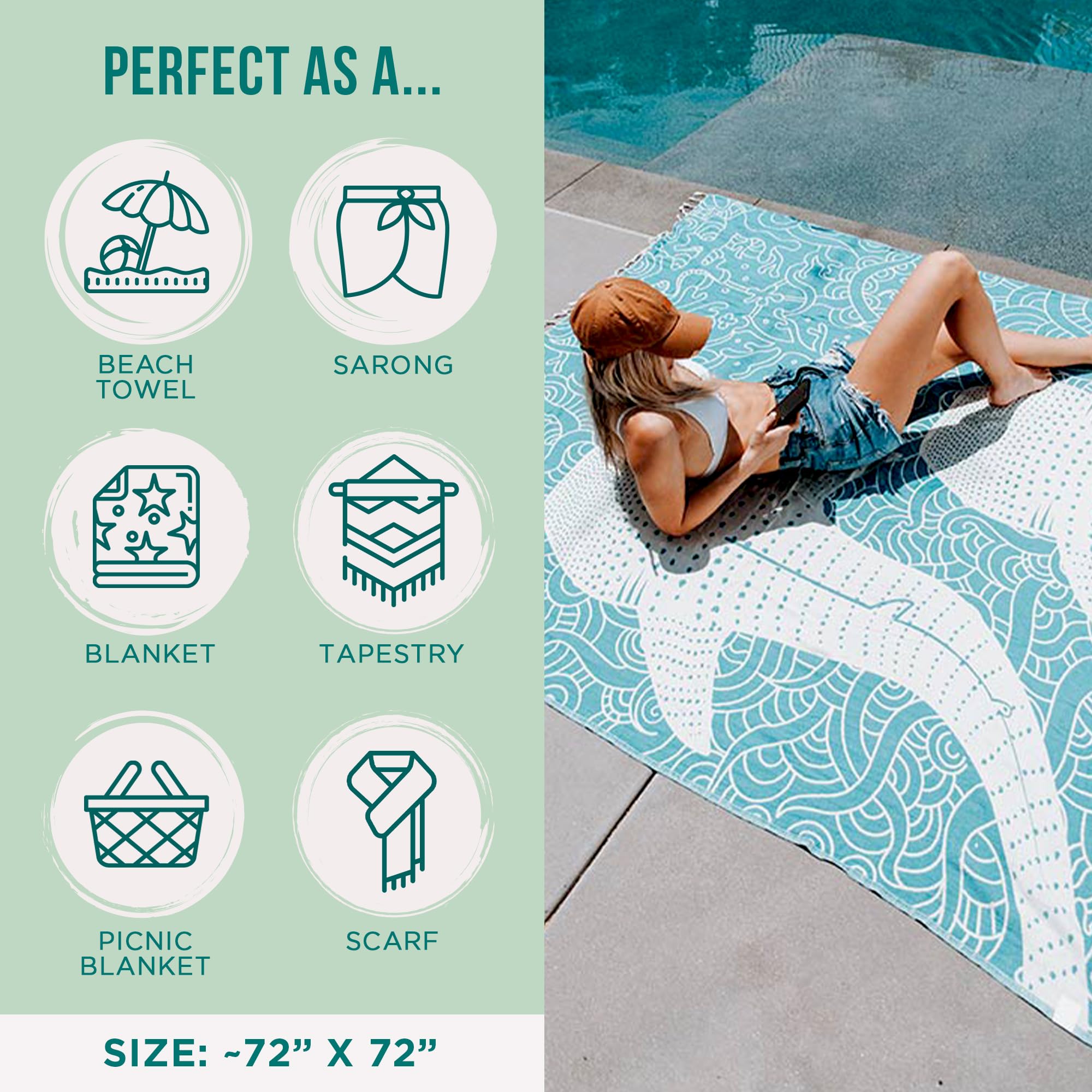 Sand Cloud Large Turkish Beach Towel - Sand Resistant - 100% Organic Turkish Cotton Yarn - Quick Dry Towel for Beach Blanket or Bath - As Seen on Shark Tank - Marine Life (Whale Shark Turquoise)