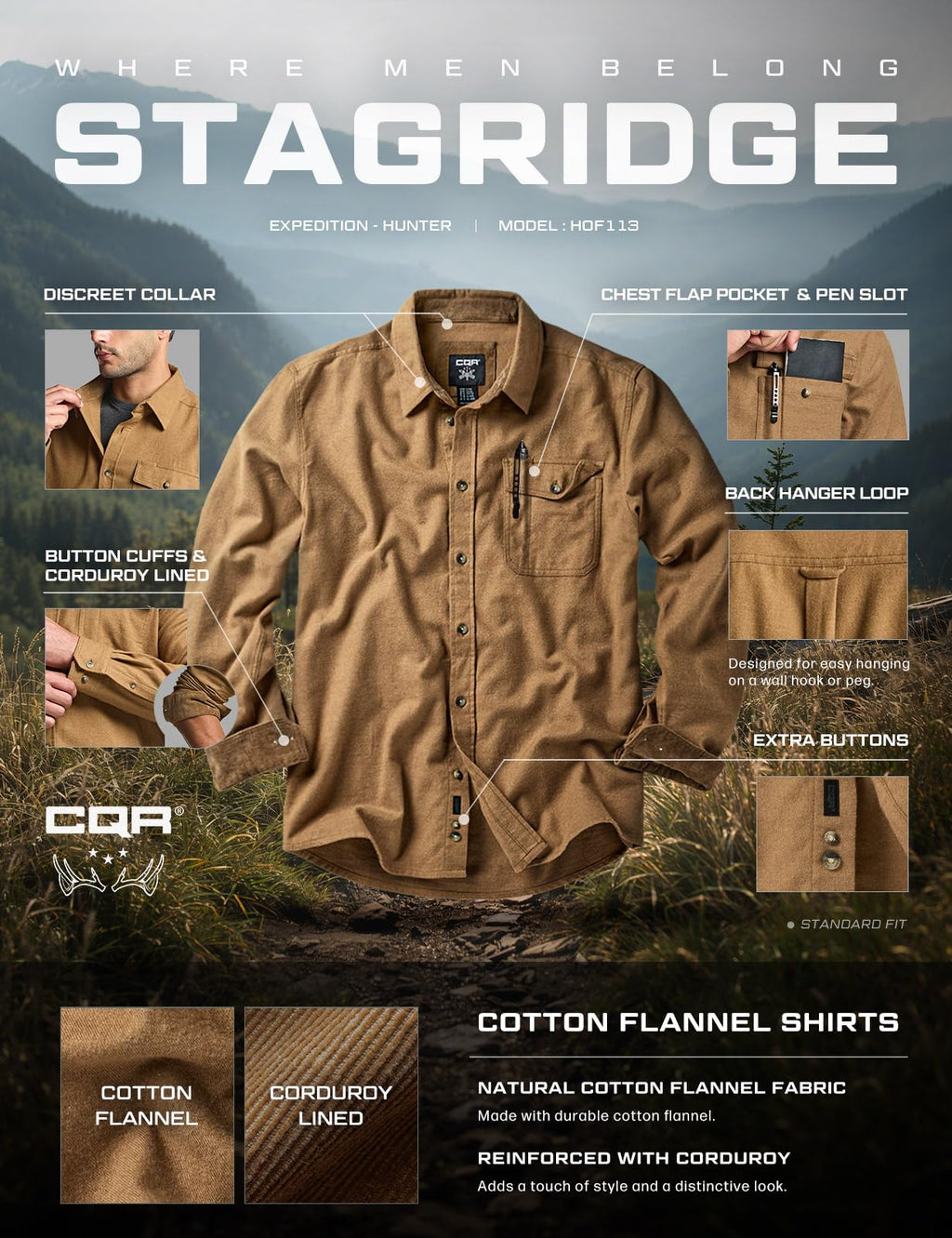 CQR Men's 100% All Cotton Button Down Flannel Shirts, Long Sleeve Brushed Warm Soft Casual Outdoor Plaid Shirt, Corduroy Wheat Brown, X-Small