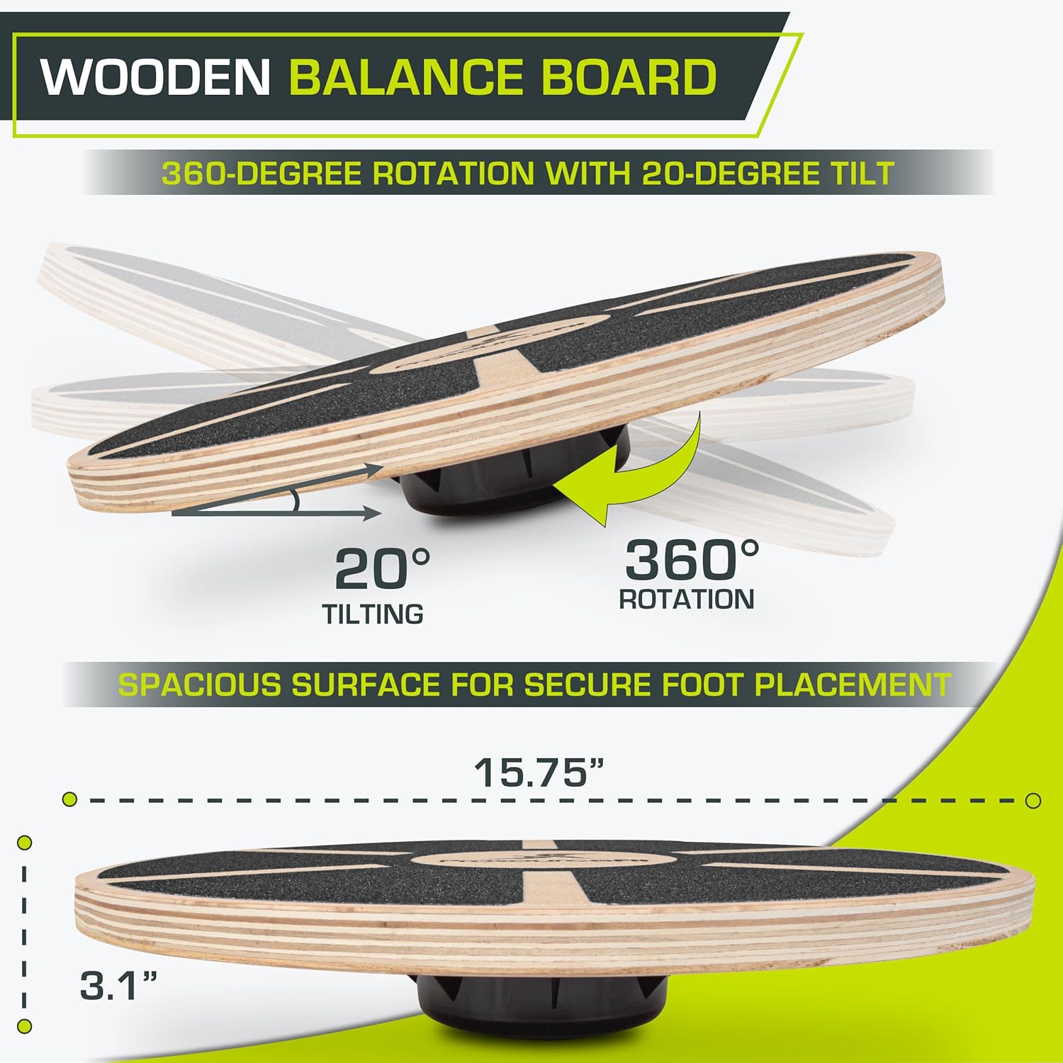 ProsourceFit Wooden Balance Board - Non-Slip Wobble Trainer for Stability | 15.75in Diameter, 360° Rotation