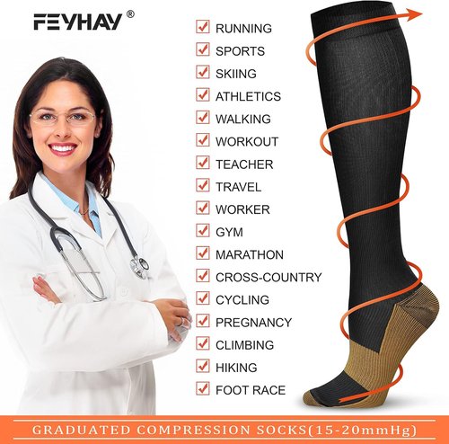 FEYHAY Copper Compression Socks - 15-20 mmHg for Enhanced Circulation | 8 Pairs for Men & Women
