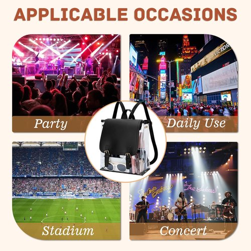 KKXIU Girls Clear Backpack Stadium Approved Transparent PVC Women Clear Bookbag with Leather for Sports Event, Concert (Black)