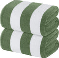 Regine Switzerland Oversized Cabana Stripe Beach Towels - Luxury Plush Quick-Dry Cotton 35x70 in Khaki Green | 2 Pack