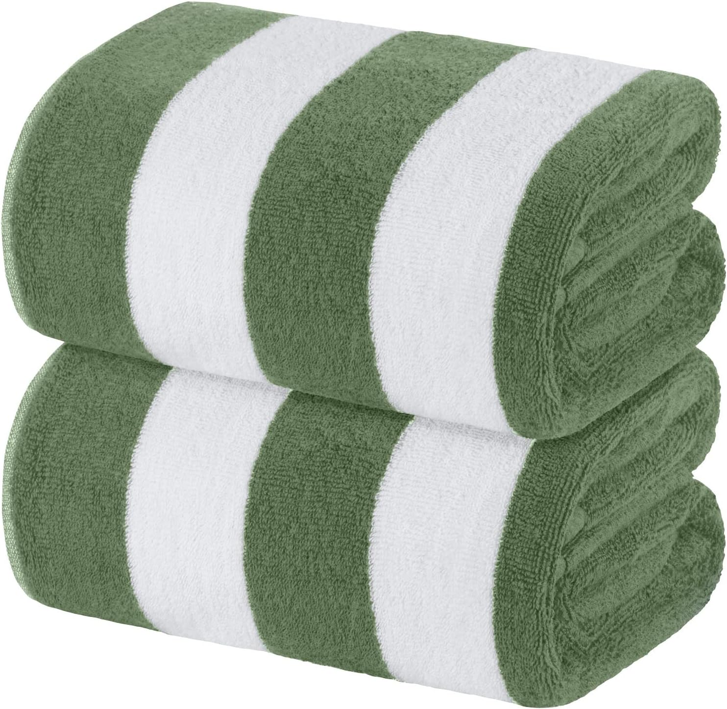 Regine Switzerland Oversized Cabana Stripe Beach Towels - Luxury Plush Quick-Dry Cotton 35x70 in Khaki Green | 2 Pack