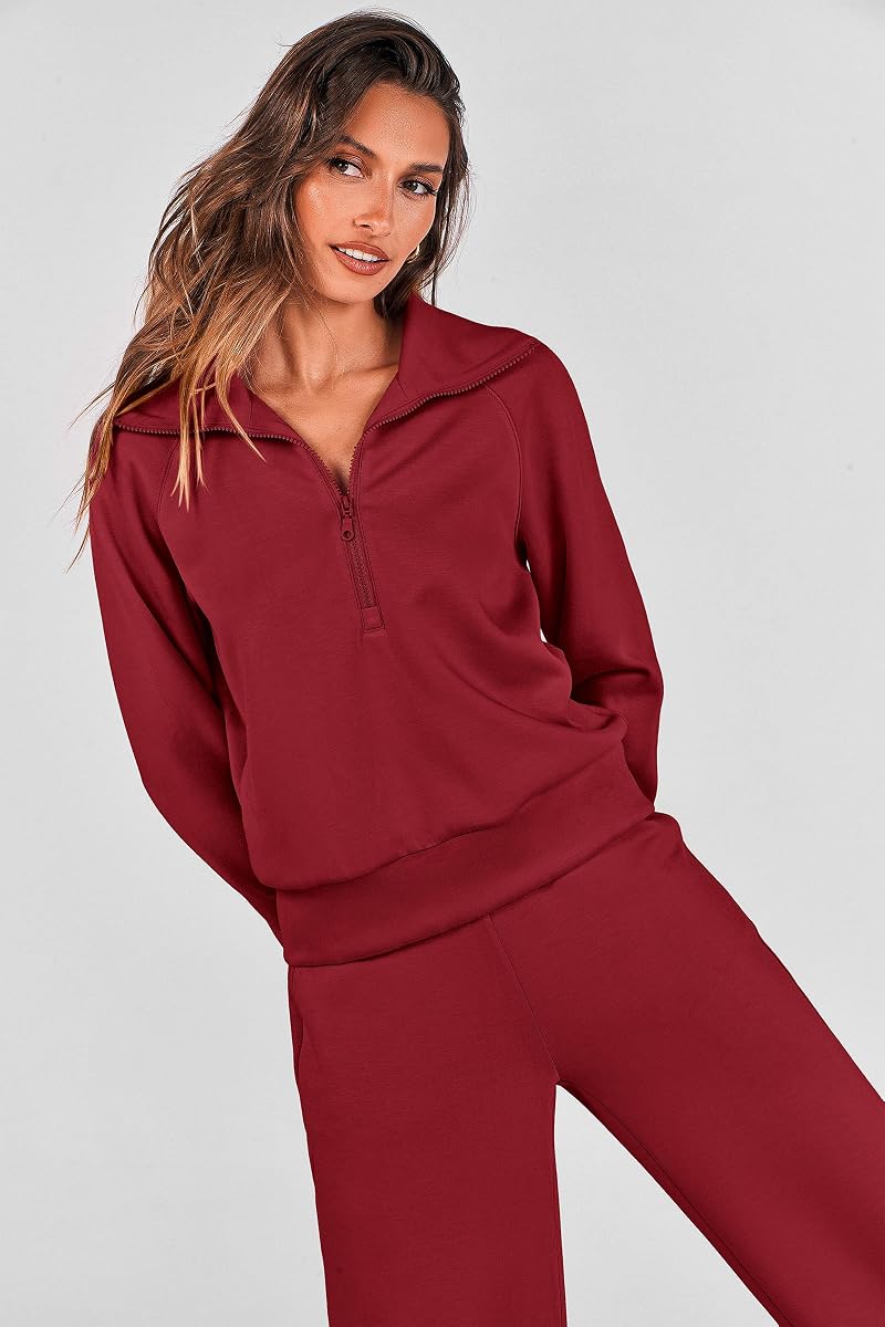 2-Piece Lounge Set for Women - Half Zip Sweatshirt + Palazzo Pants, Wine Red, Size M