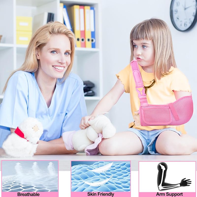 Kids Arm Sling Mesh Medical Sling with Adjustable Shoulder Pad - Breathable Pediatric Arm Support (Pink XX-Small)