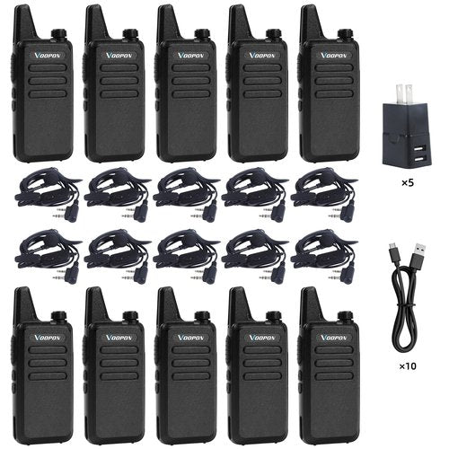 Voopon Rechargeable Walkie Talkies for Adults 22 FRS Channels Two-Way Radios with Earpieces Long Range VOX Mini Transceivers for Business Company USB Charger for Camping Hiking Church Shop (10 Pack)