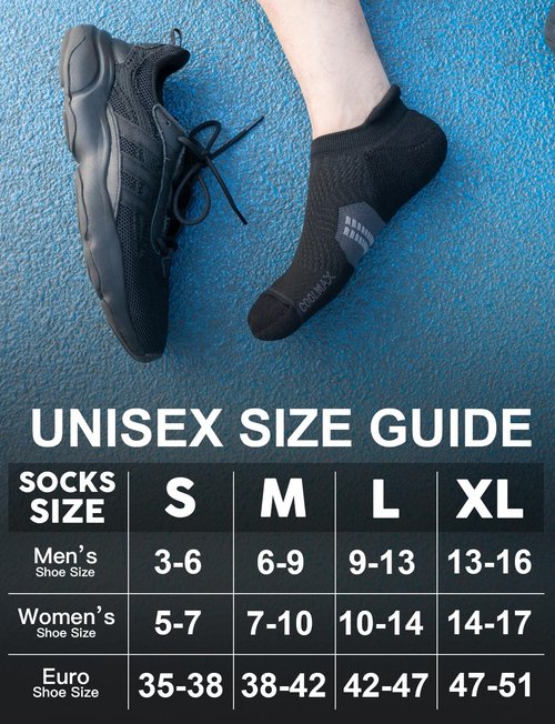 Juclise Coolmax Bamboo Viscose Compression Tab Running No Show Socks Men Moisture Wicking Cushioned Anti-Blister (US, Alpha, Large, Regular, Regular,Classic Black*3)
