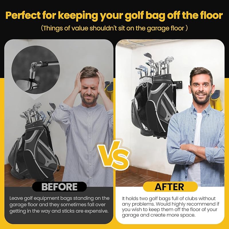 Wall Mount Golf Bag Storage Rack - 2 Pcs Right-Angle Style Garage Organizer