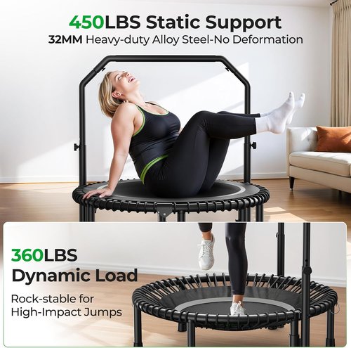 BCAN Mini Rebounder Trampoline - 450/550LBS Capacity, Adjustable Handle, Indoor/Outdoor Fitness - 40IN/48IN