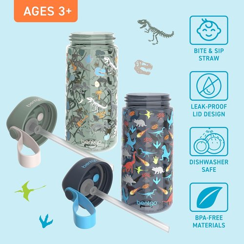 Bentgo Kids Water Bottle 2-Pack - Leak-Proof Tritan BPA-Free 15 oz Cups for Kids | Bite & Sip Spout, Dishwasher Safe (Dinosaur/Dino Fossils)