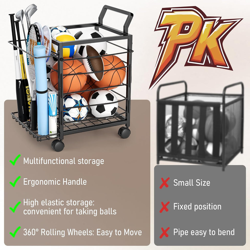 Skiennix Sports Equipment Garage Organizer - Upgraded Ball Storage Rack with Wheels | Black