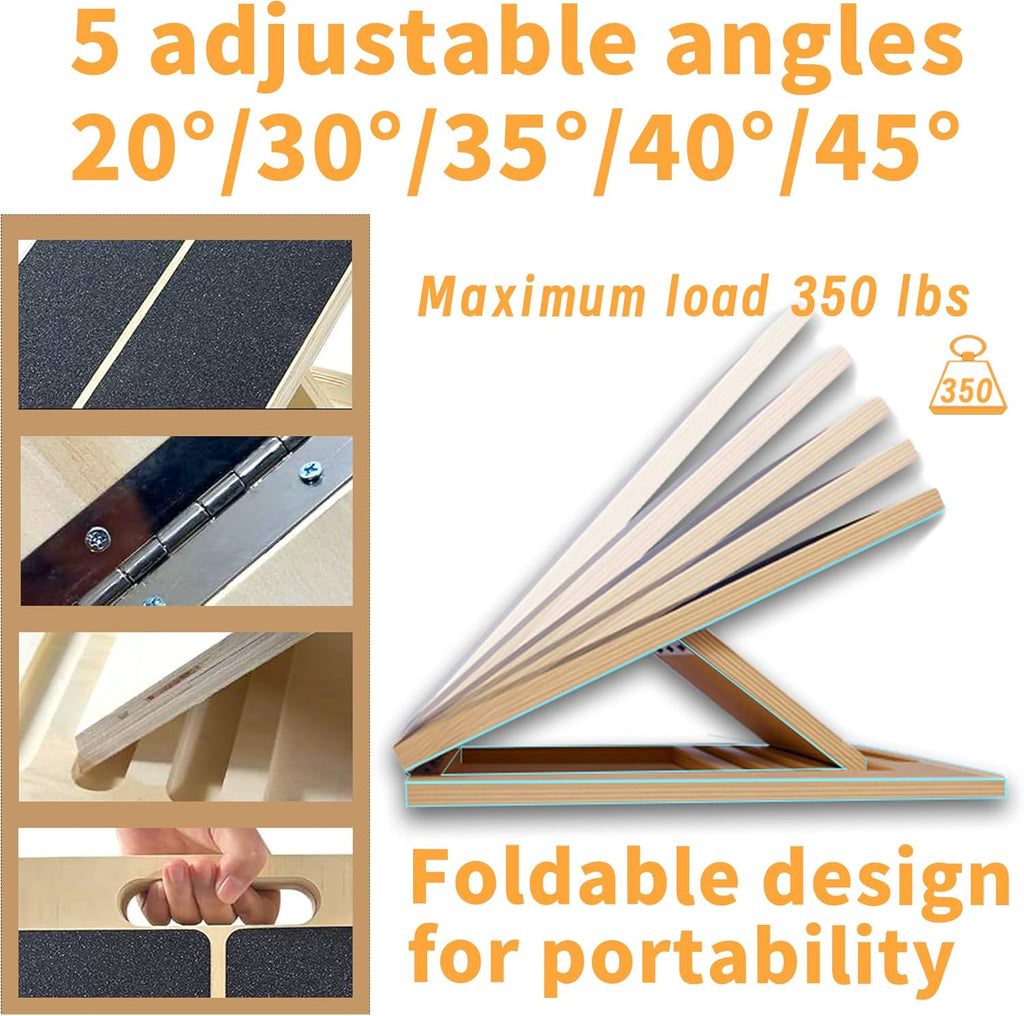 Skiennix Adjustable Wooden Slant Board - 5-Angle Foldable Calf Stretcher & Squat Wedge, 350 lb Capacity