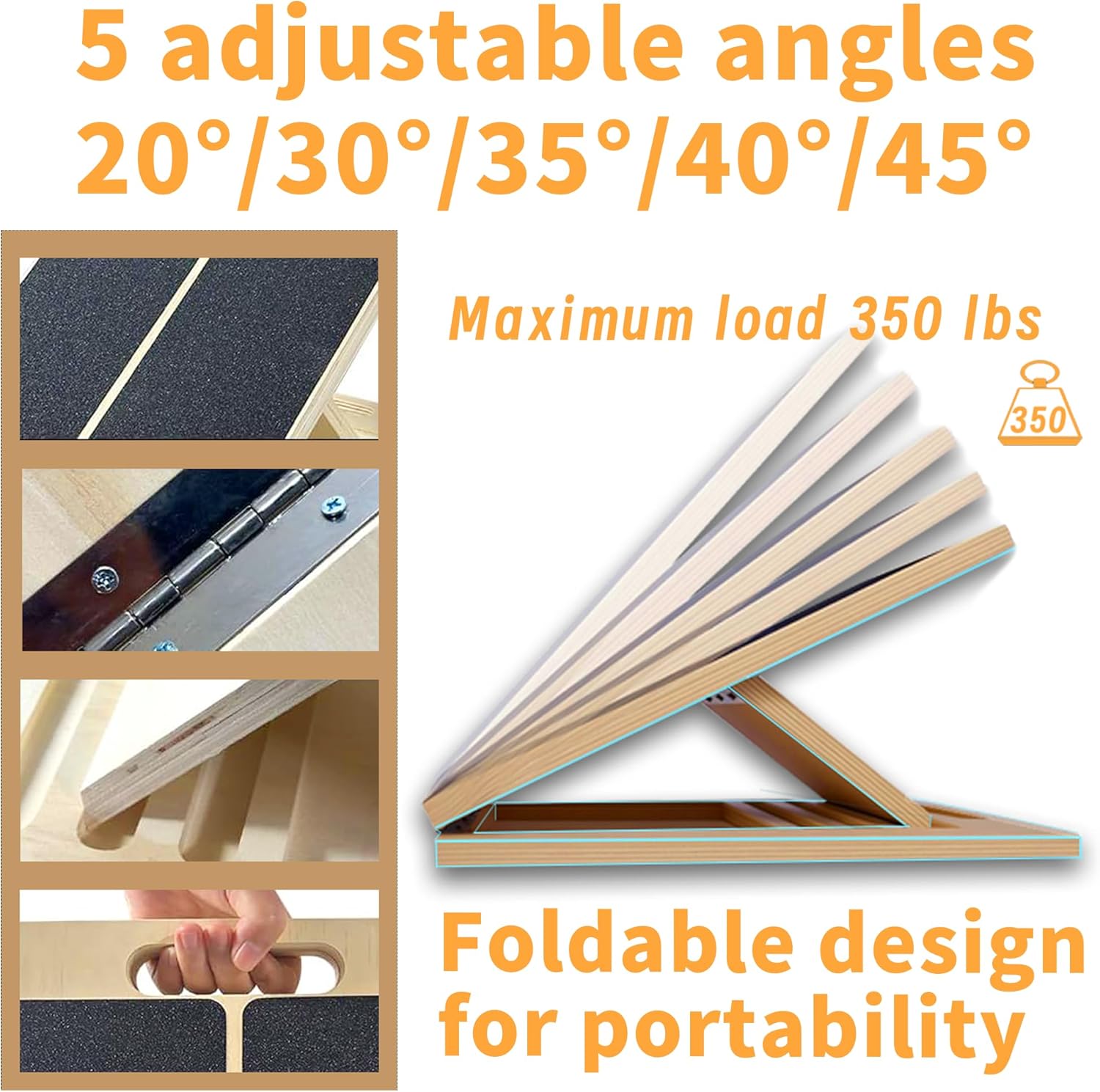 Skiennix Adjustable Wooden Slant Board - 5-Angle Foldable Calf Stretcher & Squat Wedge, 350 lb Capacity