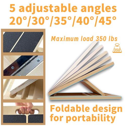 Adjustable 16.5"×12" Wooden Slant Board – 5-Angle Foldable Calf Stretcher & Squat Wedge for Home-Gym, Portable Incline Board, 350 lb Rated