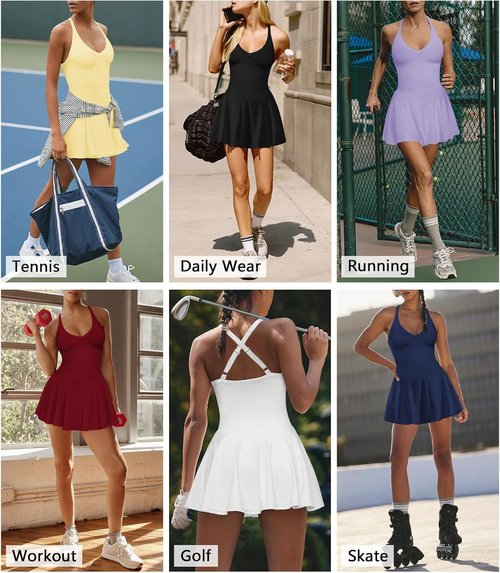 Hragc Women's V-Neck Pleated Flowy Tennis Dress - Athletic Summer Mini Dress with Pockets