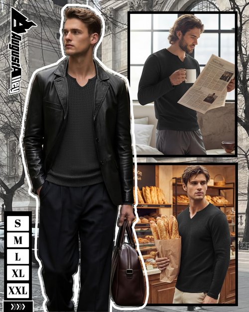 August Alley Men's Waffle V Neck Shirt Long Sleeve Thermal Pullover Top Casual Stretch Lightweight Undershirt(Black,X-Large)