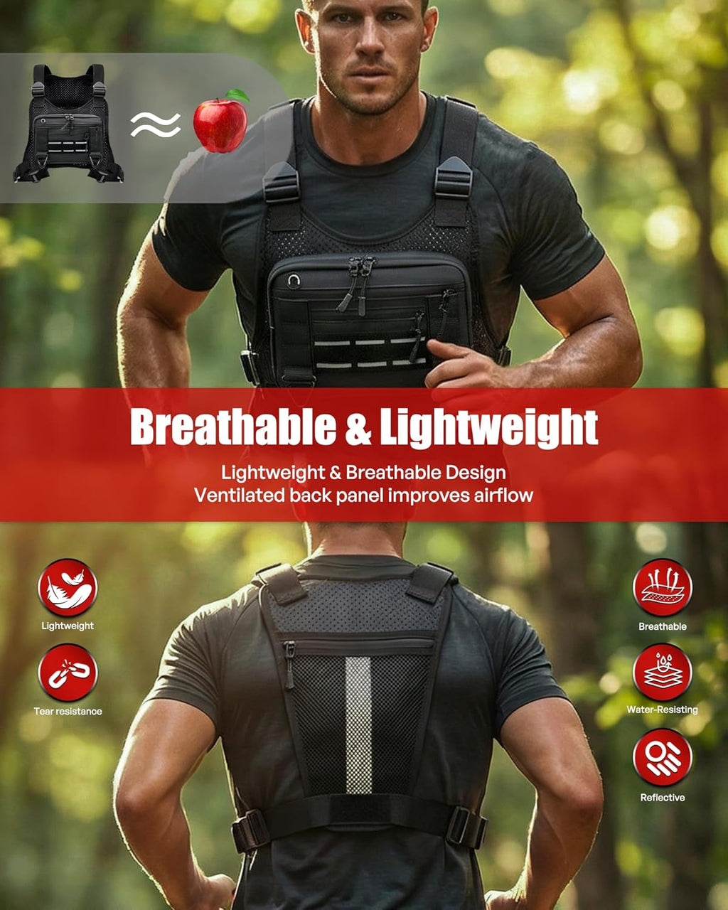 Sports Chest Bag for Men, Lightweight Water-Resistant Running Chest Pack for Workouts, Cycling, Phone Holder & Extra Storage (Black – Breathable Design)