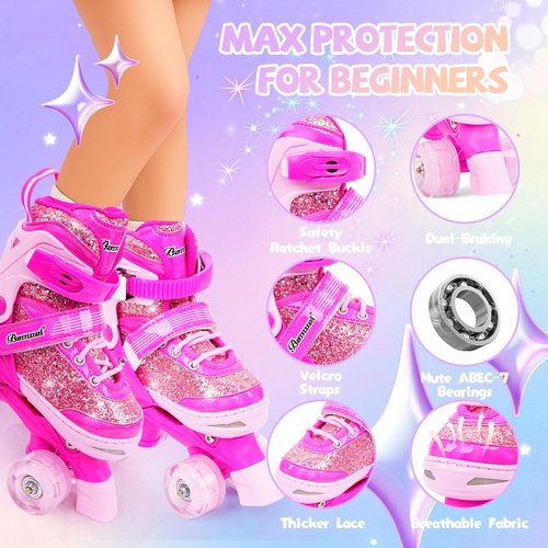 HolaDream Sequins Adjustable Kids Roller Skates with Light Up Wheels & Safety Protection for Beginners, Toddler Roller Skates Girls Ages 5-8, 8-12 for Indoor Outdoor Sports