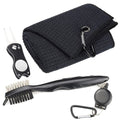 Mile High Life Microfiber Waffle Pattern Golf Towel | Club Groove Cleaner Brush | Foldable Divot Tool with Magnetic Ball Marker (Black Towel/Brush/Fish Divot)