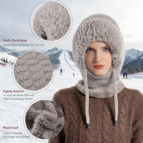 3 in 1 Beanie Hat for Women, Winter Fleece, Lined Thick Knitted Set with Scarf and Mask, Winter Hat with Built in Scarf, Thermal Insulation Ski Kit Grey