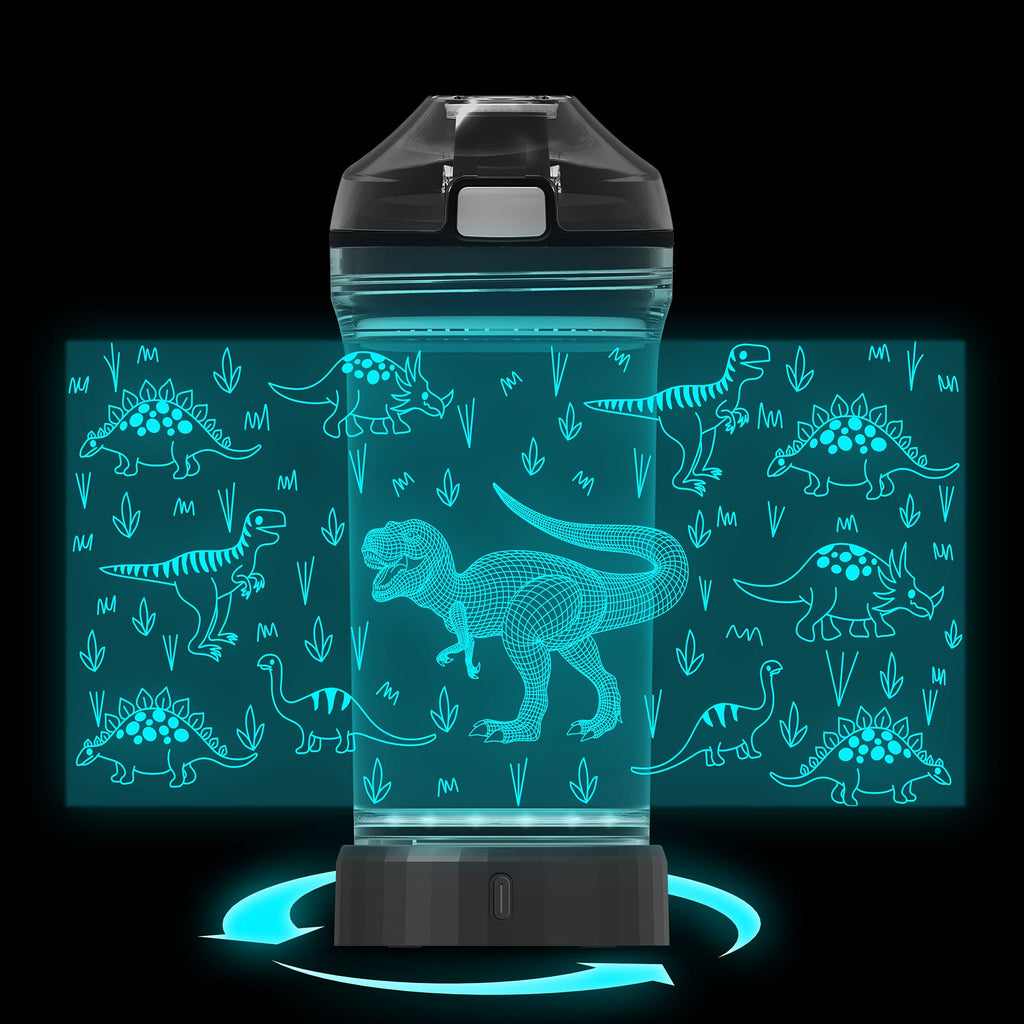 YuanDian Dinosaur Water Bottle, Light Up Boy Drinking Cups with 3D Dinosaur Night Light- 14 OZ Tritan BPA Free Eco-Friendly - Cool Jurassic Merchandise Gift for School Kids Boy Girl