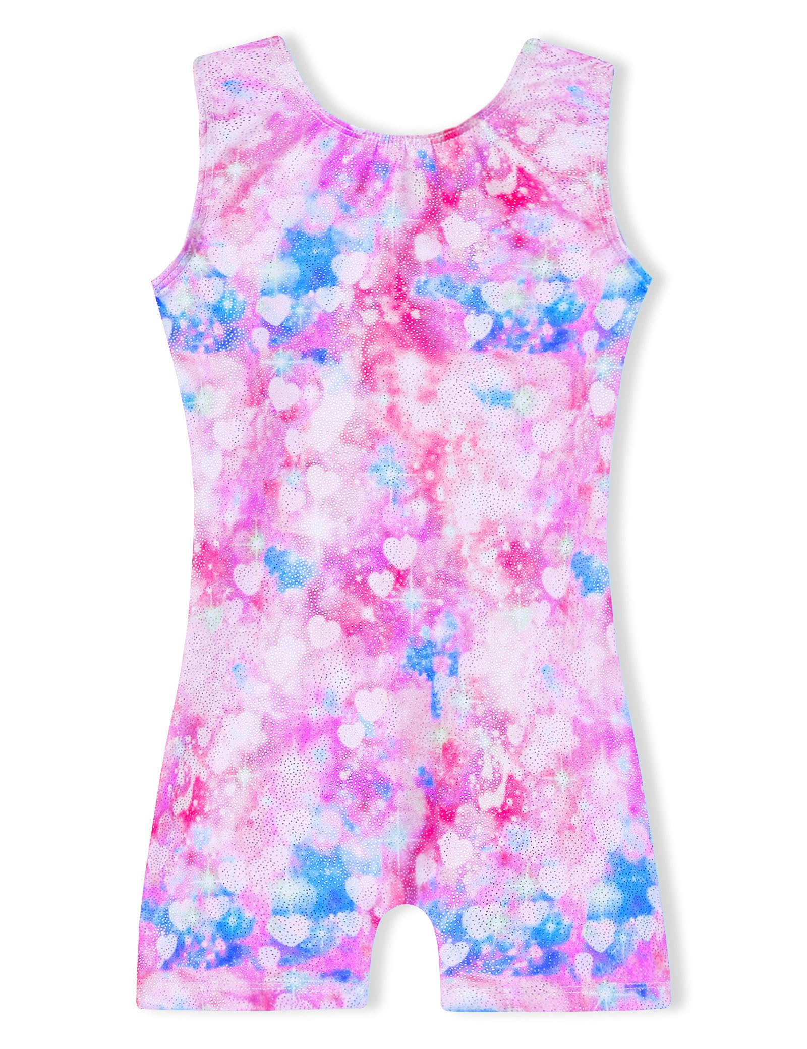 Domusgo Gymnastics Leotards for Girls 6-7 Years Old Shiny Sleeveless Pink Purple Love Heart Unitard with Shorts