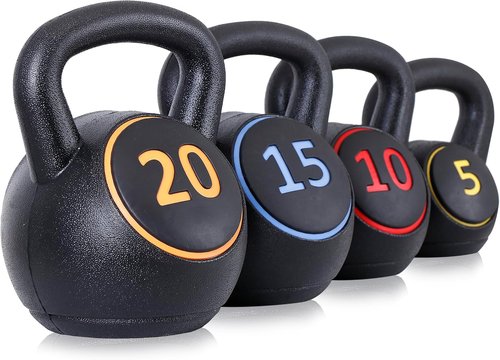 F2C Kettlebell Set - 4-Piece Weight Training Kit | HDPE Coated Concrete | 5lb, 10lb, 15lb, 20lb