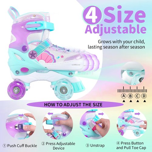 BELEEV Kids Roller Skates for Girls, 4-Size Adjustable Quad Skates with 8 Light-Up LED Wheels & Bonus Shoe Lace, Safe & Fun for Toddlers Children Beginners, Ideal Birthday