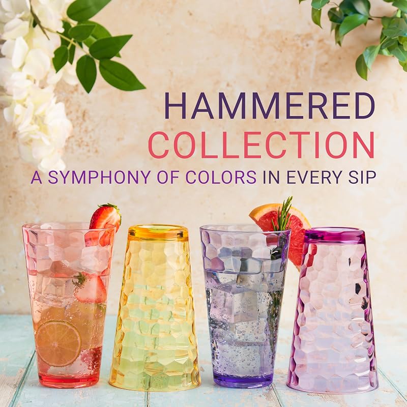 Hammered Multicolor 22 oz Plastic Tumblers Set of 12 - Stackable, Dishwasher Safe